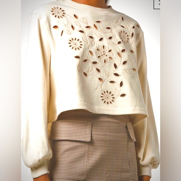 See By Chloe Tops - SEE BY CHLOE Ecru/ Off White Laser Cut Cropped Floral Sweatshirt Size XL